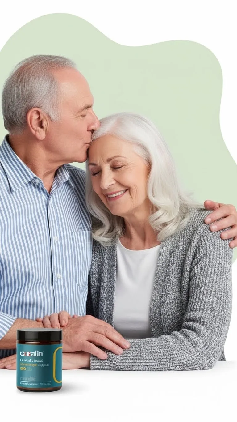 An older couple is sitting together in a warm and affectionate moment.